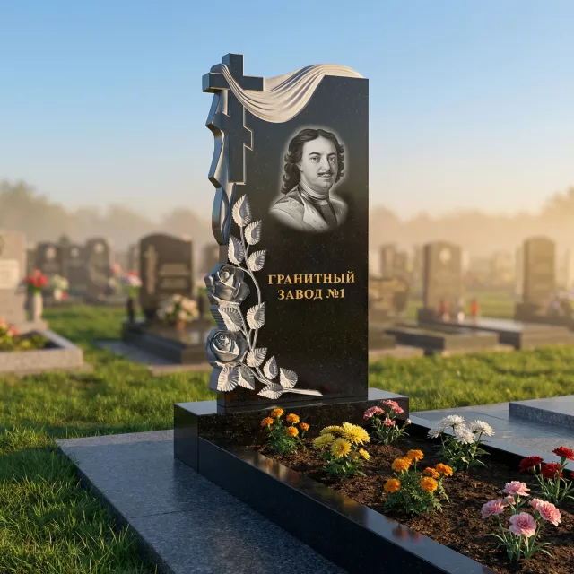 3013 Ритуальное надгробие с крестом цветами и плащеницей