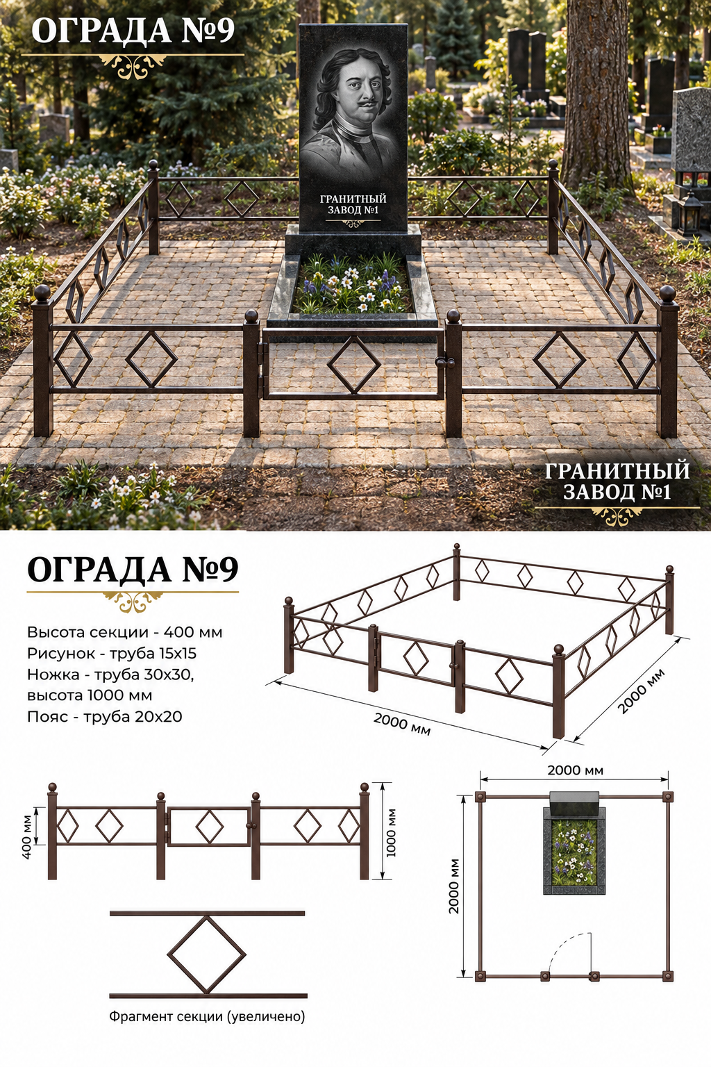 Ограда металлическая №9, 2&times;2 м