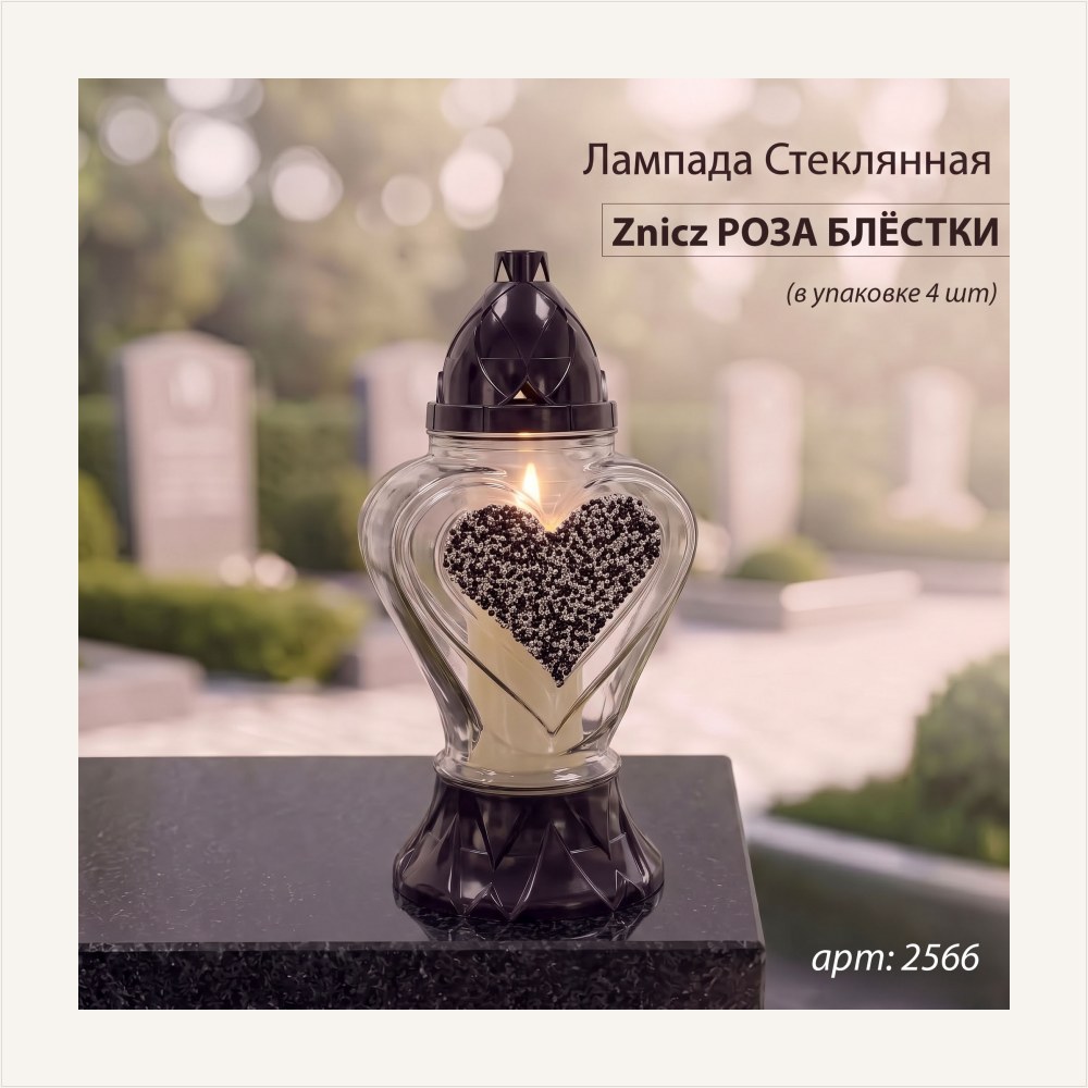 Лампада стеклянная, свеча вкладыш, Сердце блестки серебро Znicz (размер 33*15*15 см, корпус Сердце, колба прозрачное стекло, пластик черный, Сердце, Блестки, цвет Серебро, в упаковке 4 шт.) —